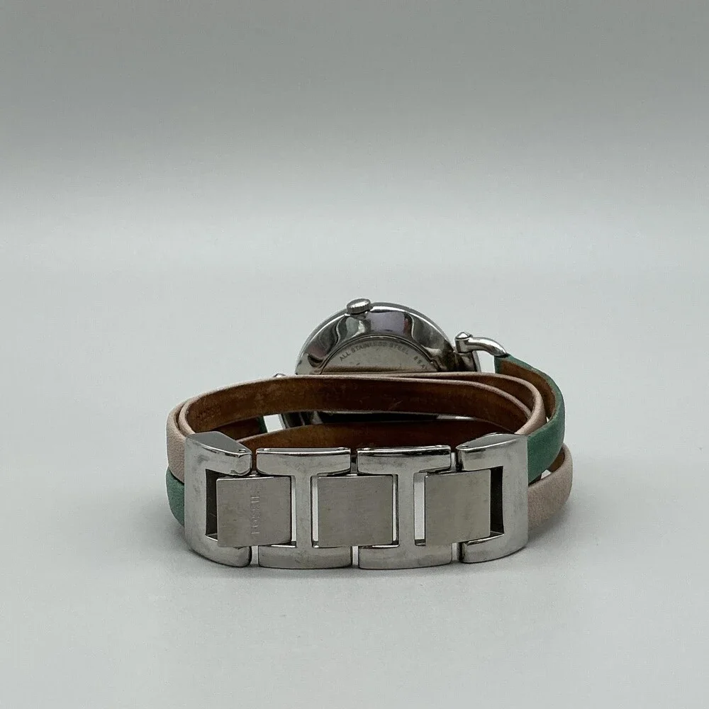 Fossil Georgia ES3224 Women Watch 32mm Silver Dial Green Tan Leather New Battery